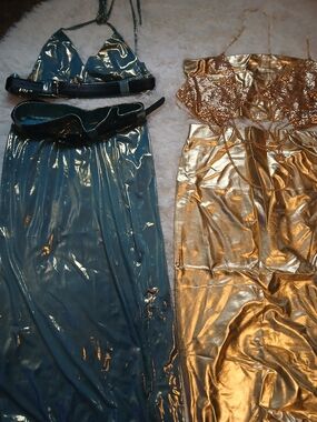 Metallic Blue Halter Maxi Dress with Belt